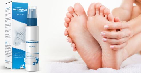onycosolve Confezione di prodotto per unghie accanto a due piedi